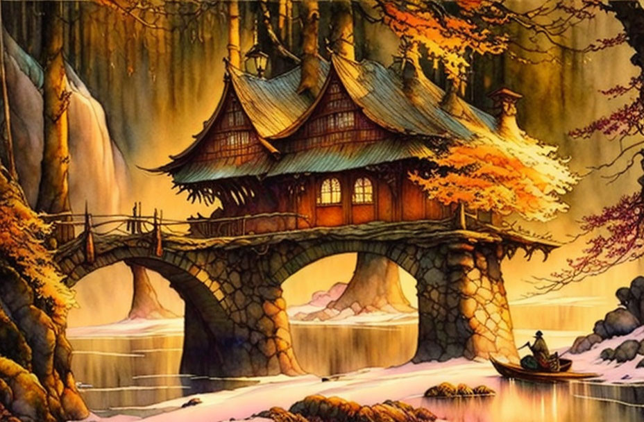 Traditional House on Stone Bridge Surrounded by Autumn Foliage and Waterfall