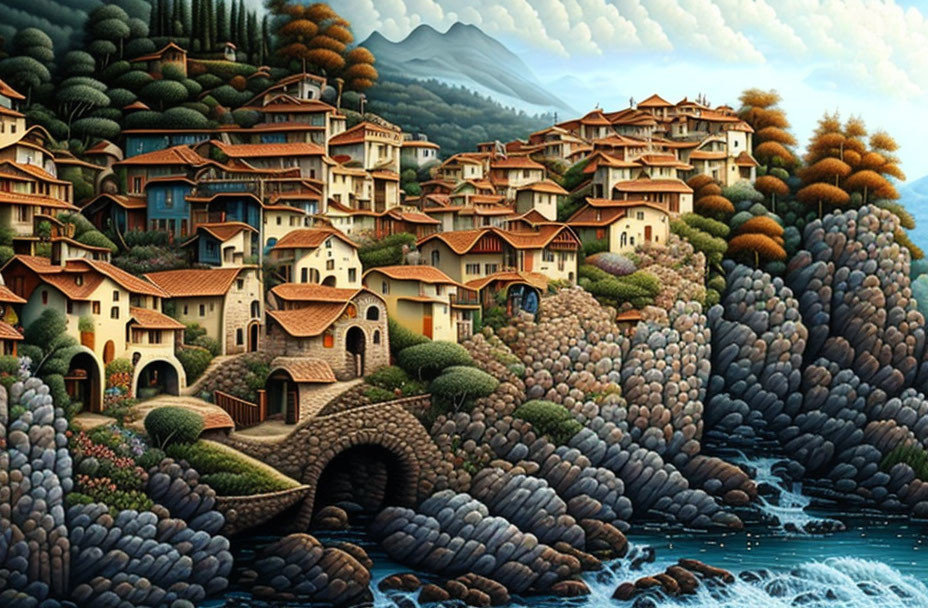 Scenic village with terracotta-roofed houses on rocky coastline