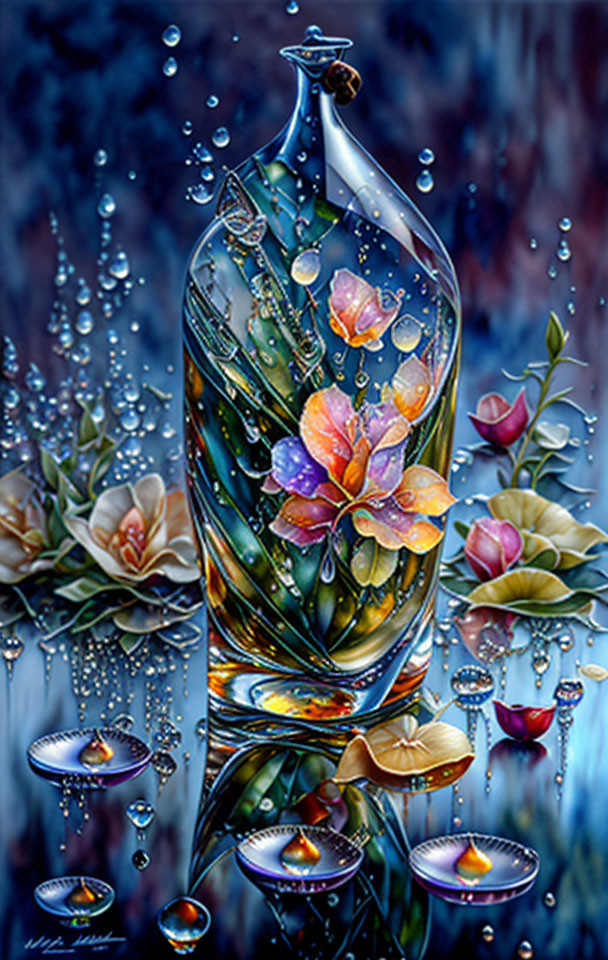 Hyperrealistic Painting of Transparent Vessel with Water, Flowers, and Butterflies