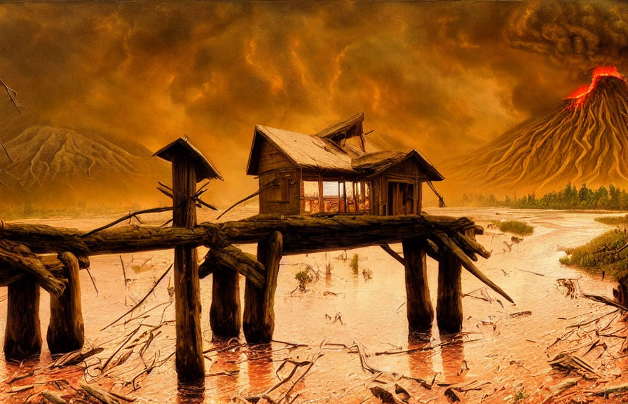 Abandoned wooden house on stilts over water in stormy scene with volcano eruption