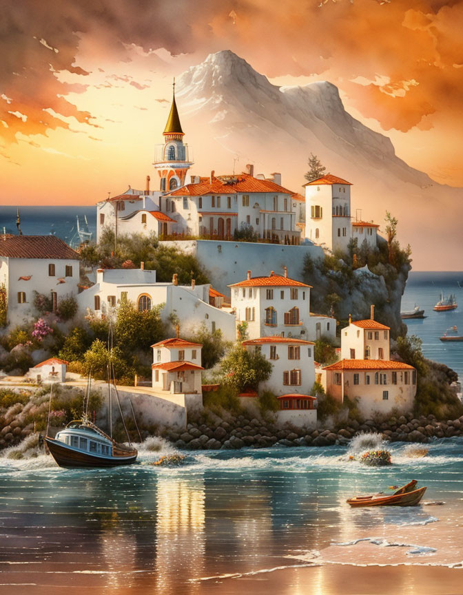 Scenic coastal village at sunset with white buildings, clock tower, boats, and mountain.