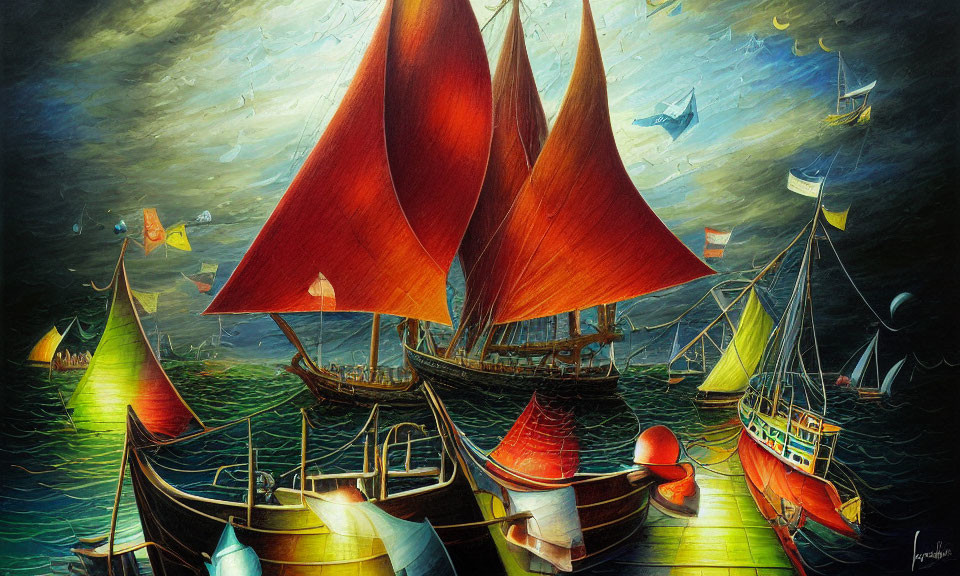 Colorful Painting: Flotilla of Boats with Red and Blue Sails on Turbulent