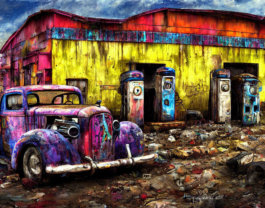 Rustic scene with classic car, vintage gas pumps, and colorful building under cloudy sky