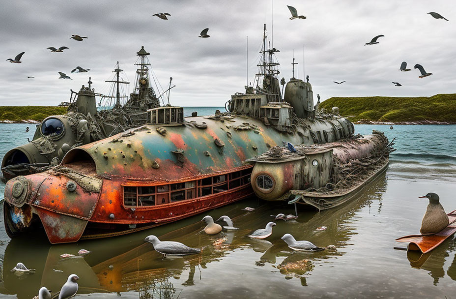 Abandoned submarine on shore with birds under cloudy skies