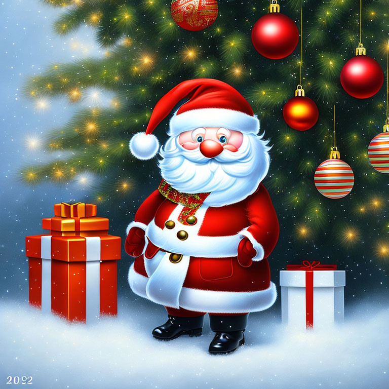 Cheerful Santa Claus with Christmas tree and presents in snowfall