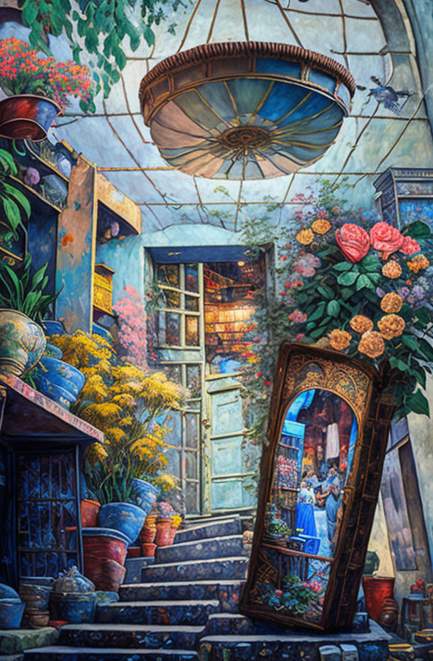 Colorful painting of flower-filled staircase, blue door, and woman in blue dress reflected in mirror