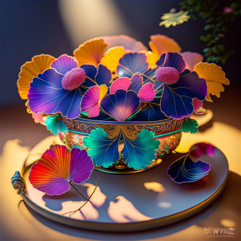 Colorful Flower Bowl Artwork with Gradient Petals on Tray