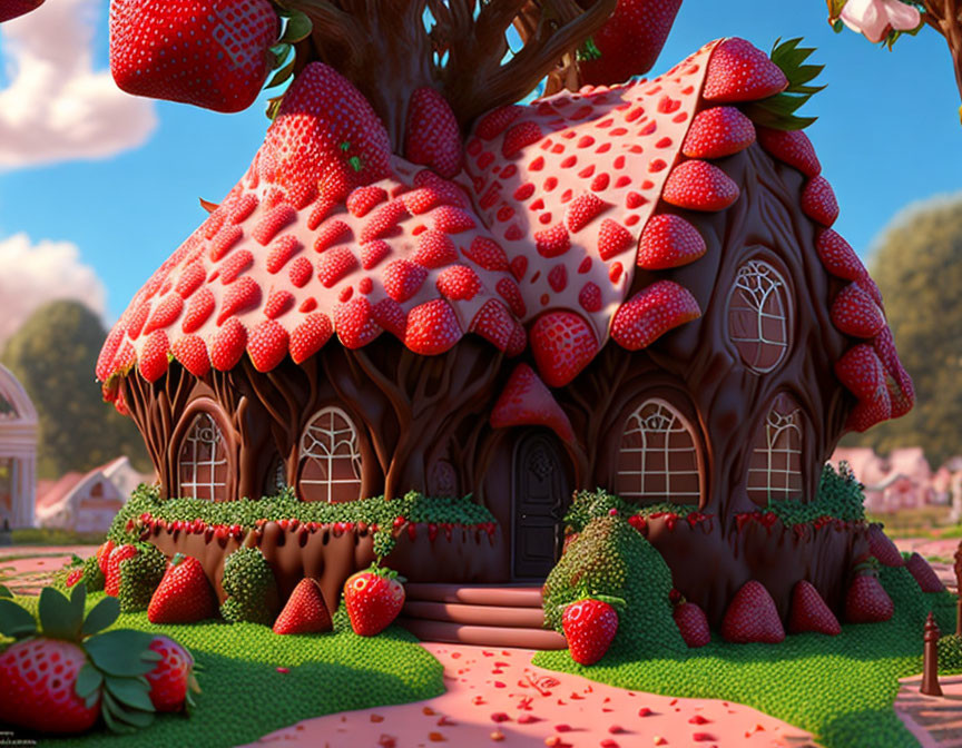 Whimsical fantasy illustration of giant strawberry house surrounded by oversized strawberries