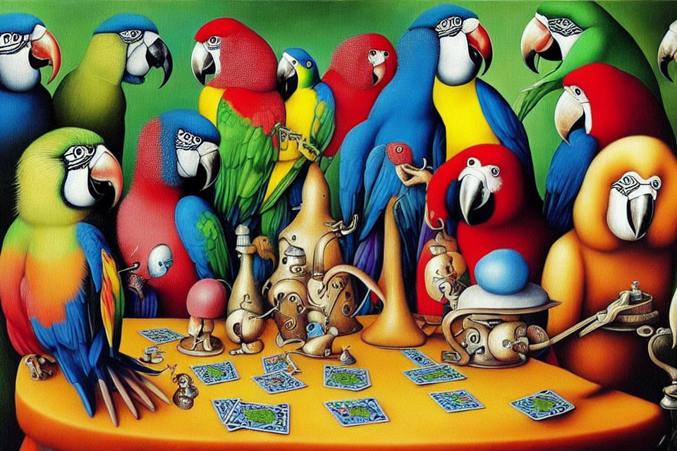 Vibrant parrots play card game in lively scene