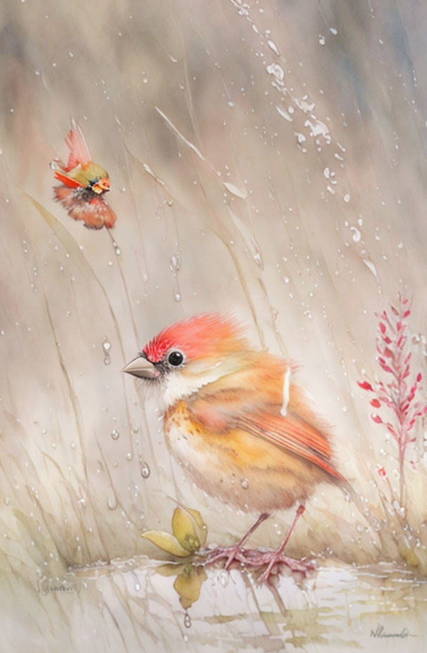 Stylized birds in nature scene with water droplets and flora