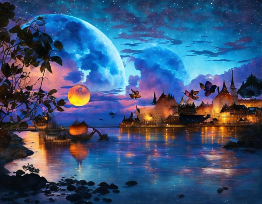 Nighttime scene with two moons, lake reflections, butterflies, boat, and silhouetted buildings