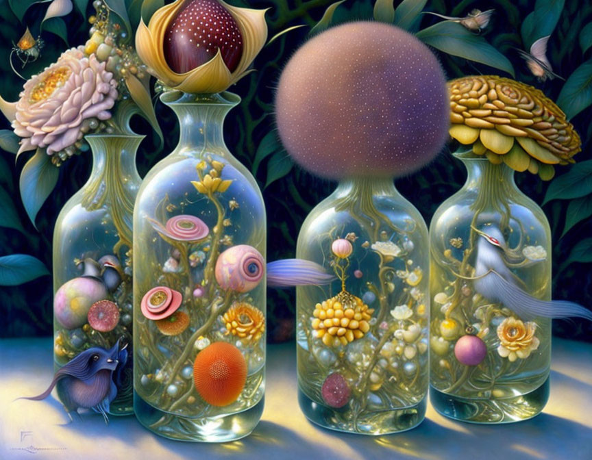 Intricately Designed Glass Bottles with Flora and Bird in Lush Vegetation