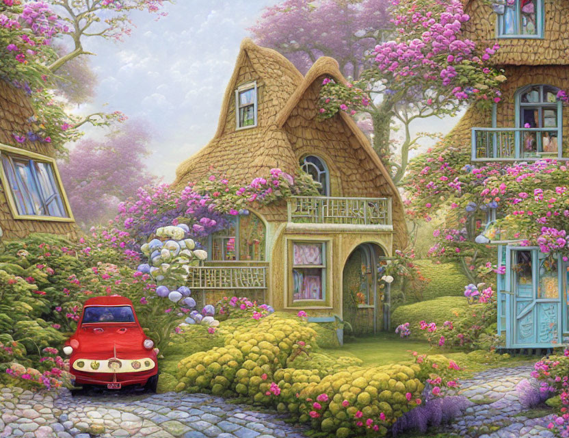 Charming cottage with climbing flowers and vintage car in lush garden