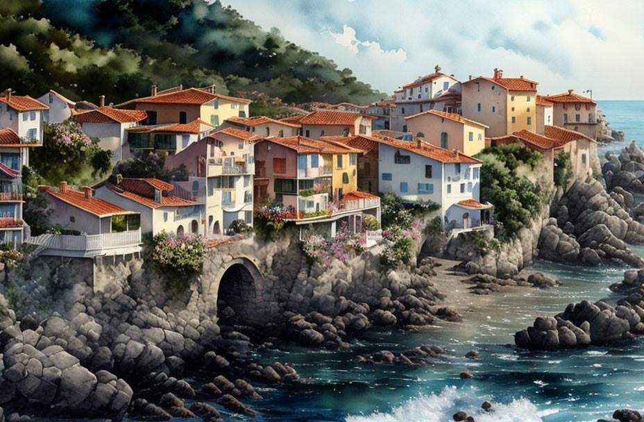 Colorful Coastal Village Perched on Rocky Cliffs