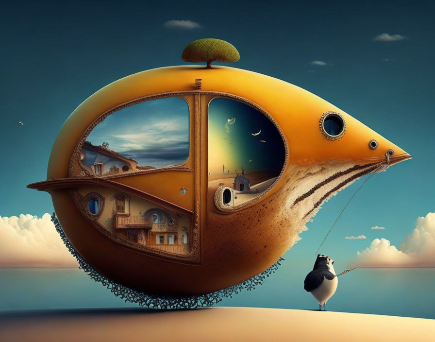 Surreal fish-shaped floating structure with buildings and beret, tethered to figure on dune