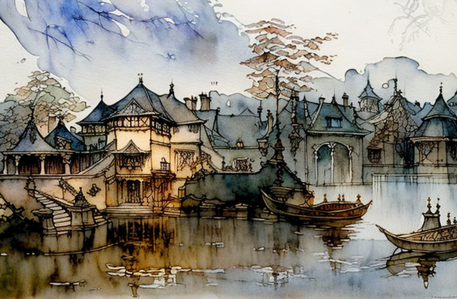 Idyllic village watercolor painting with stilt houses, river, boats, trees, mountains