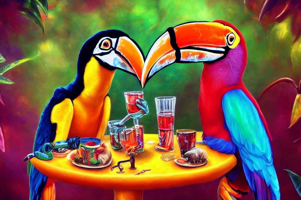 Colorful Toucans Sharing a Meal in Tropical Scene