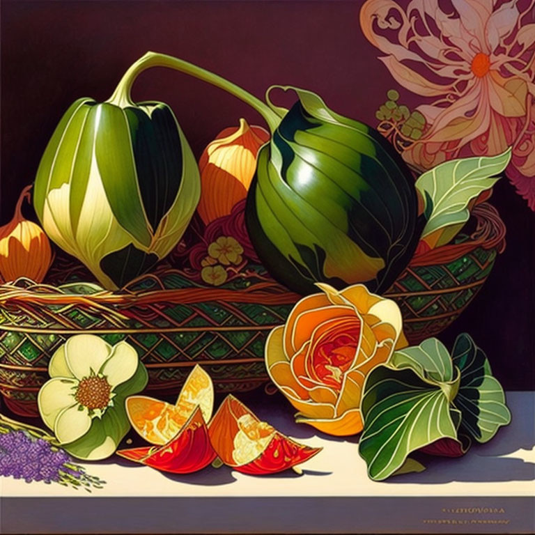 Colorful Still Life Painting: Gourds and Flowers in Basket