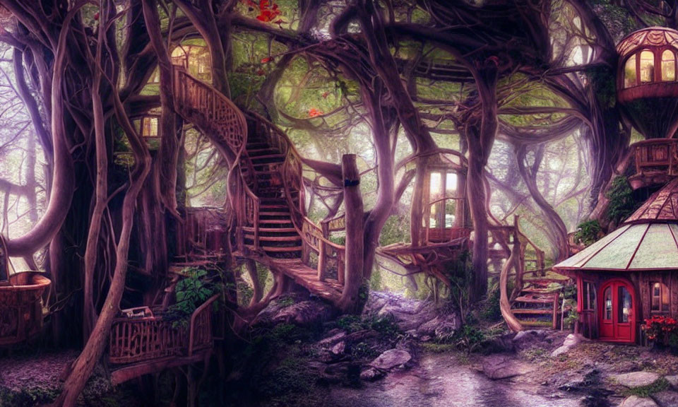 Whimsical treehouses in lush enchanted forest