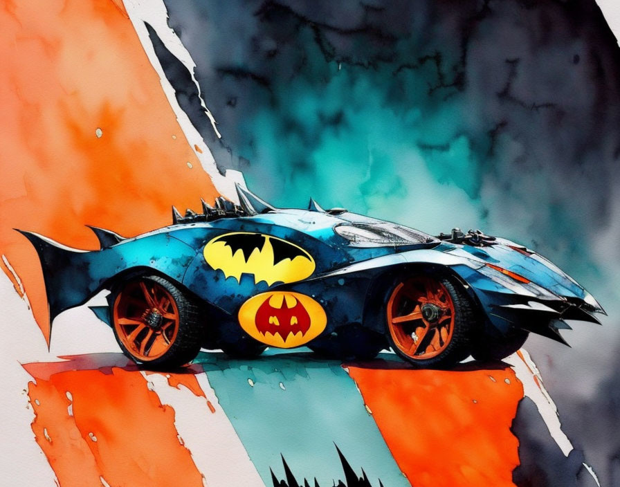 Batmobile with Batman logos and pumpkin on vibrant watercolor backdrop