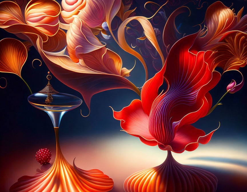 Vividly colored abstract image with floral-like forms and genie-lamp-like object on dark background