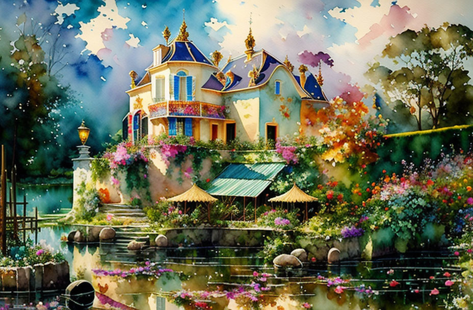 Whimsical watercolor painting of vibrant house and gardens