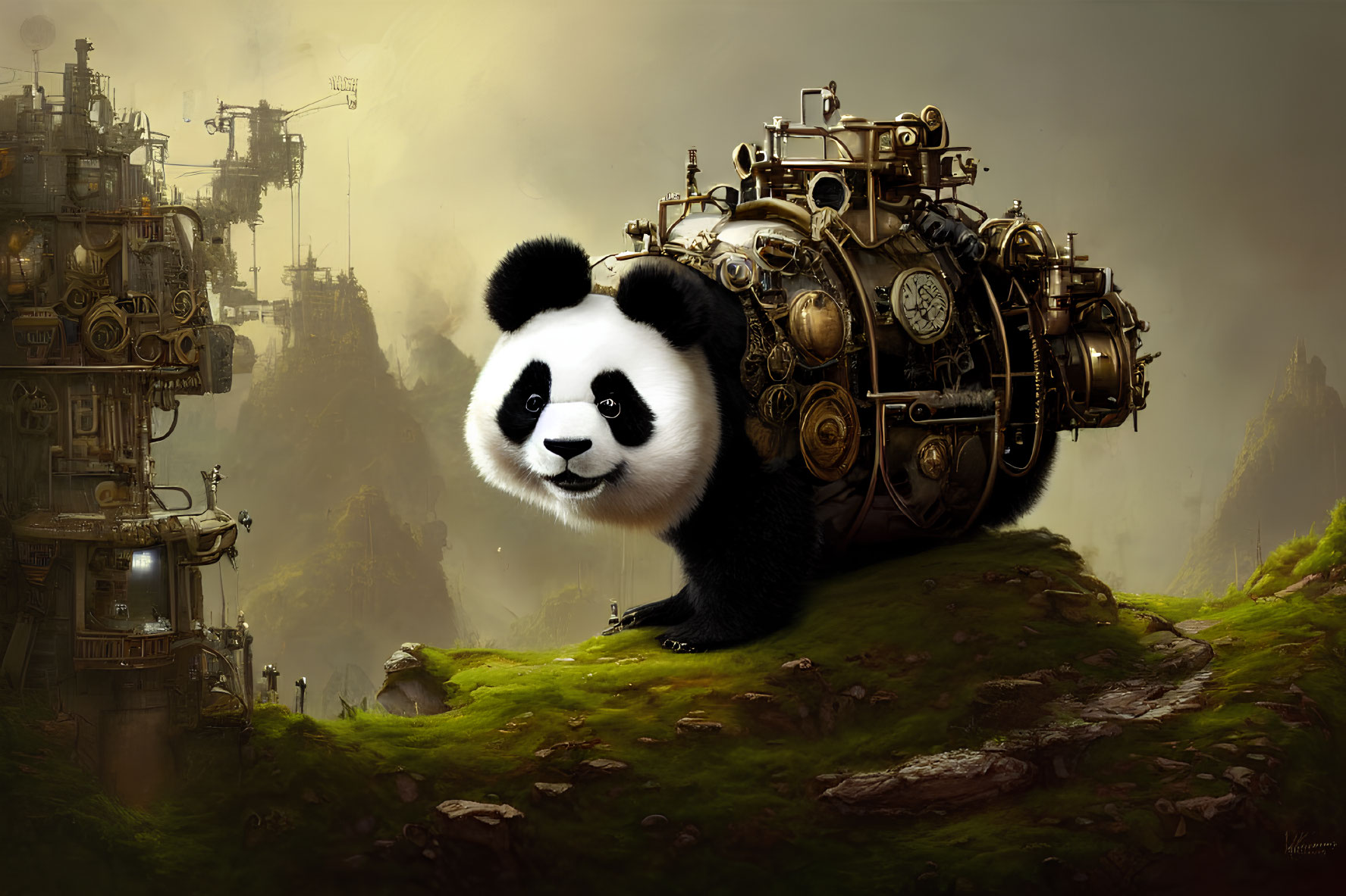 Steampunk-inspired landscape featuring a mechanical panda amidst industrial structures and misty mountains