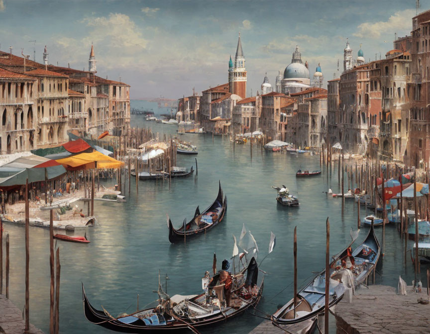 Grand Canal Venice scene with gondolas and basilica under cloudy sky