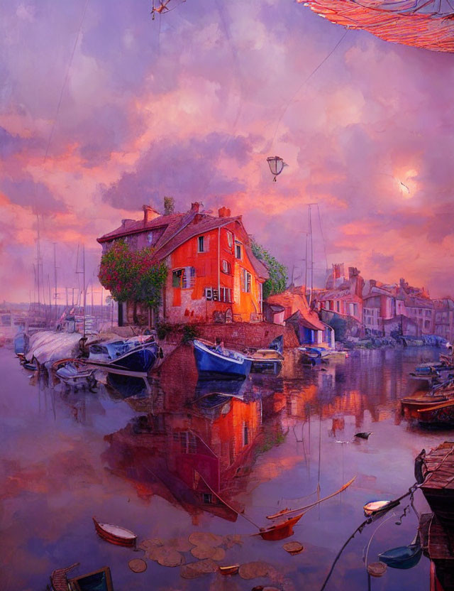 Scenic harbor painting with boats, reflective water, and sunset sky in warm hues