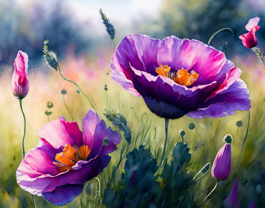 Vibrant purple poppies with orange stamens in a lush pastel field