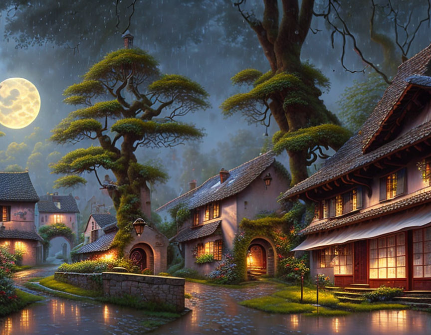 Traditional village scene: cobblestone paths, lush greenery, glowing lights, full moon, gentle