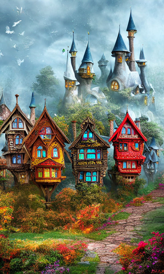 Whimsical fantasy landscape with colorful houses, gardens, and castle hill