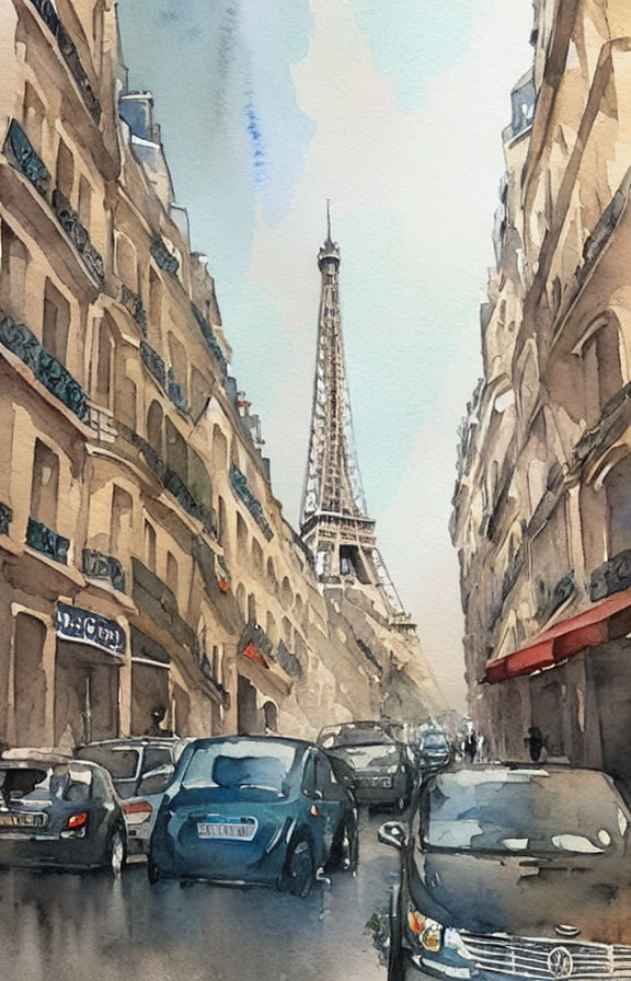 Parisian Street Watercolor: Cars, Eiffel Tower, Cloudy Sky