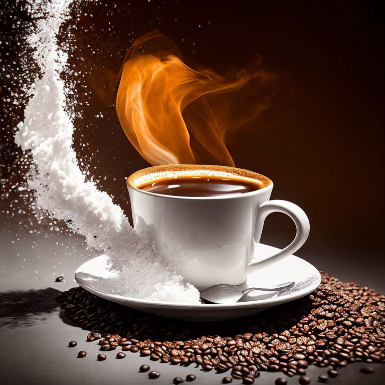 Steaming cup of coffee with scattered beans and pouring sugar, emitting flame-like vapor