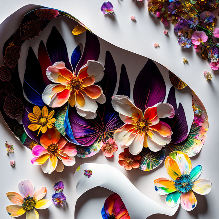 Colorful Paper Art Composition of Intricate Flowers on Soft White Background