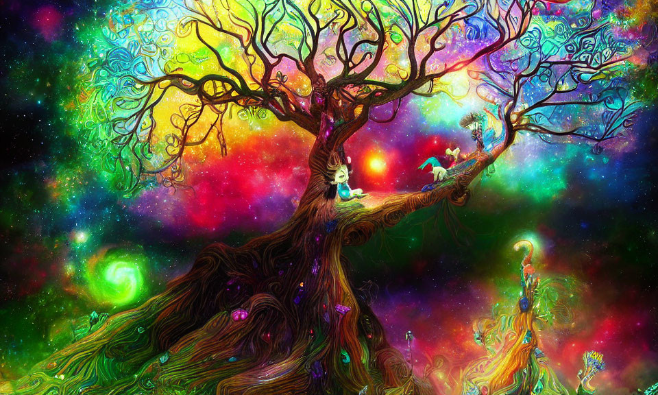 Colorful cosmic scene with whimsical tree and small figure in peaceful setting