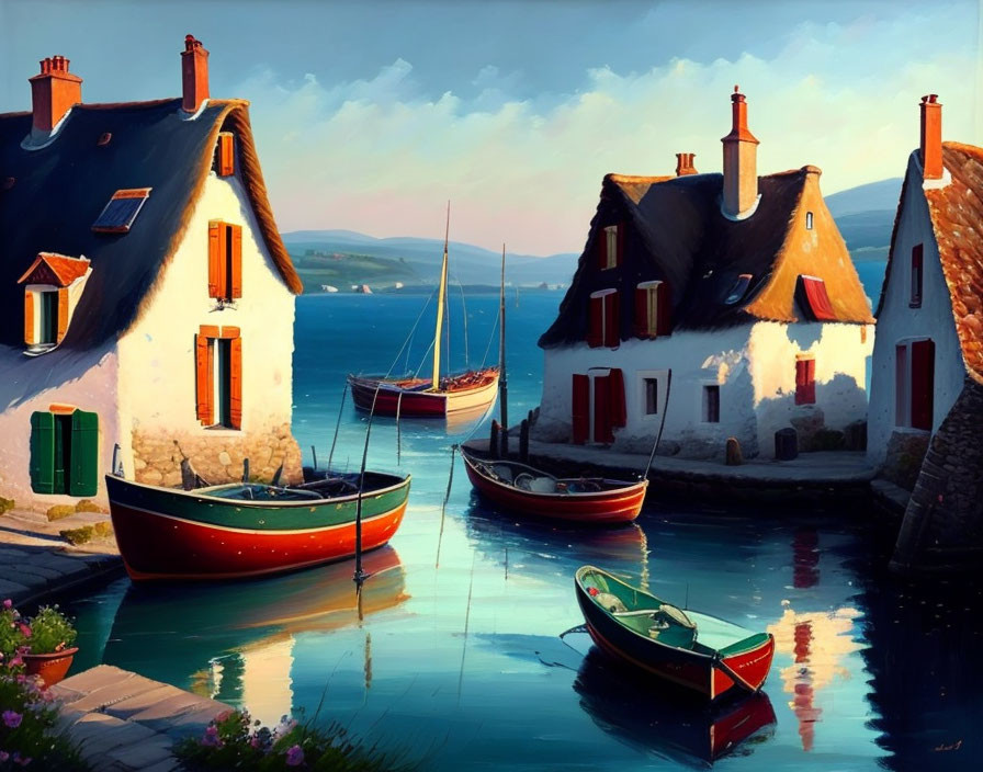 Tranquil Harbor Scene with Boats and Traditional Houses