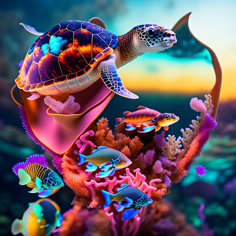 Colorful Underwater Scene with Sea Turtle and Fishes Amid Coral Reefs