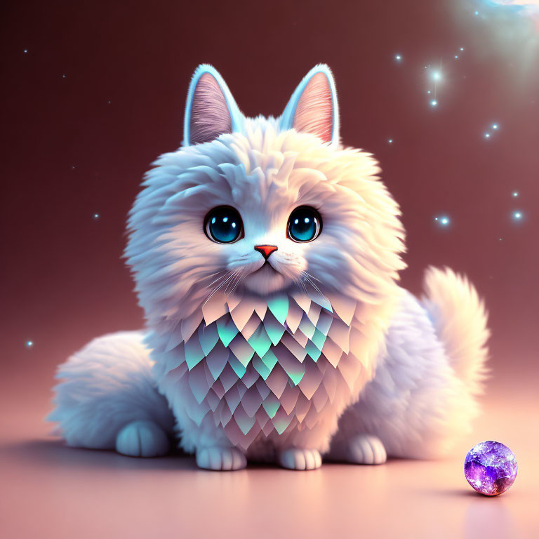 Fluffy animated cat with blue eyes and heart pattern next to purple gem on starry backdrop