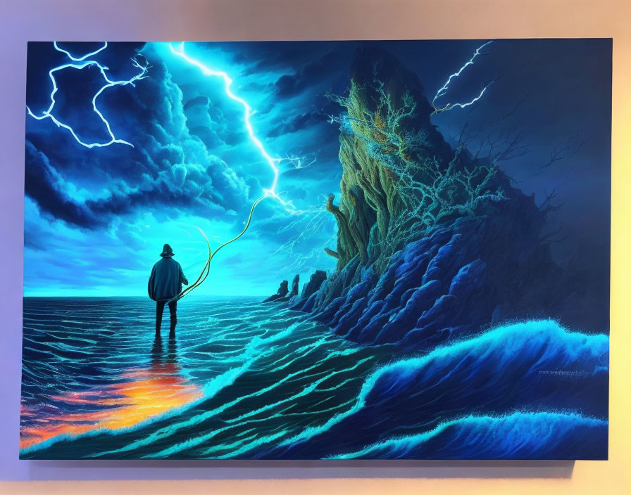 Person standing on shore at night in thunderstorm with lit rock formation, blue waves, lightning