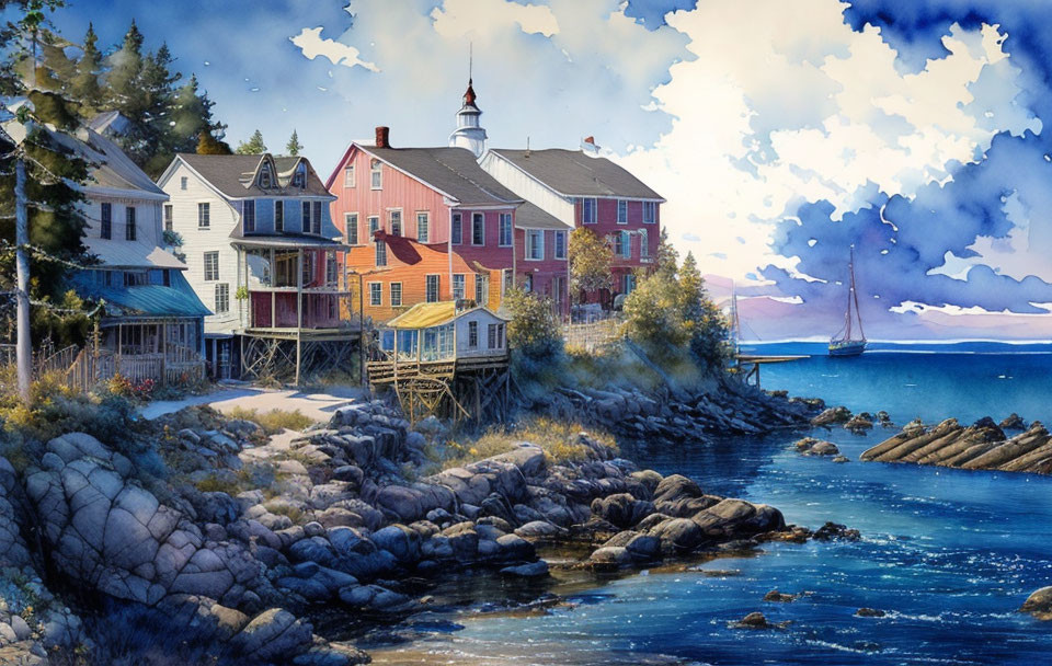 Colorful coastal village with lighthouse, sailboat, and rocky shore