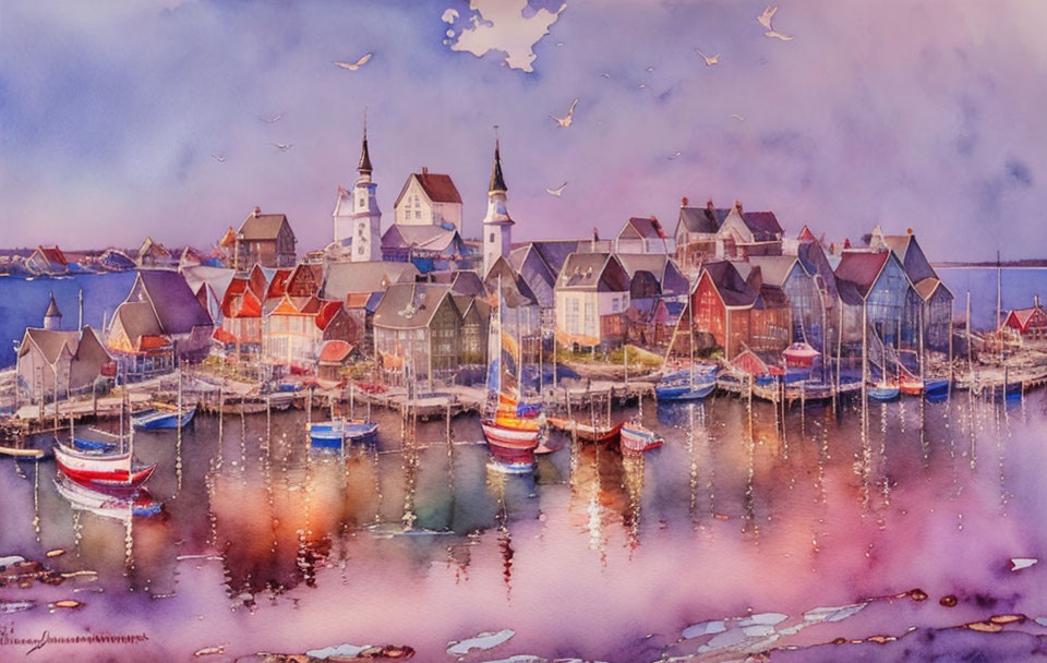 Coastal village watercolor: boats, colorful houses, church spire, birds