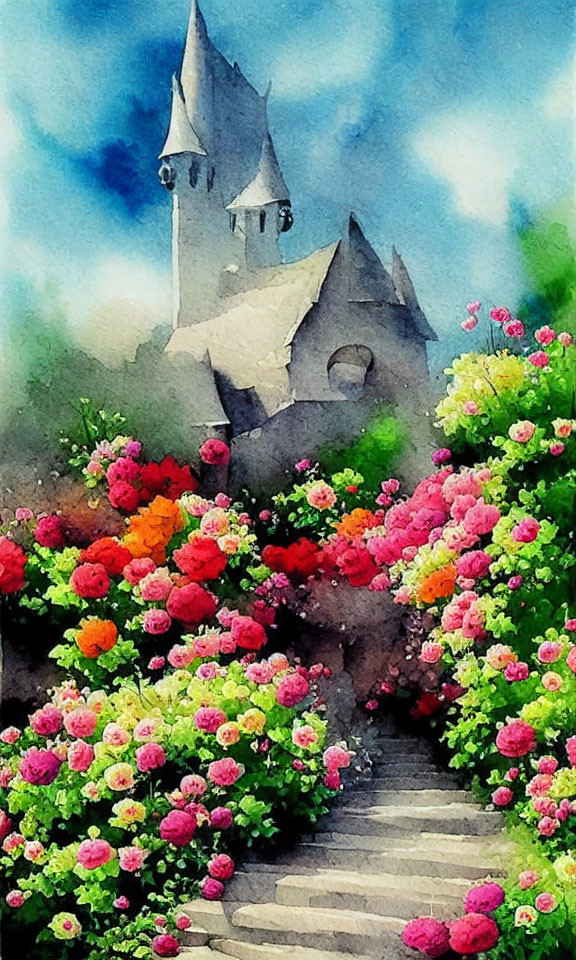 Vibrant flower-lined pathway to whimsical castle in watercolor