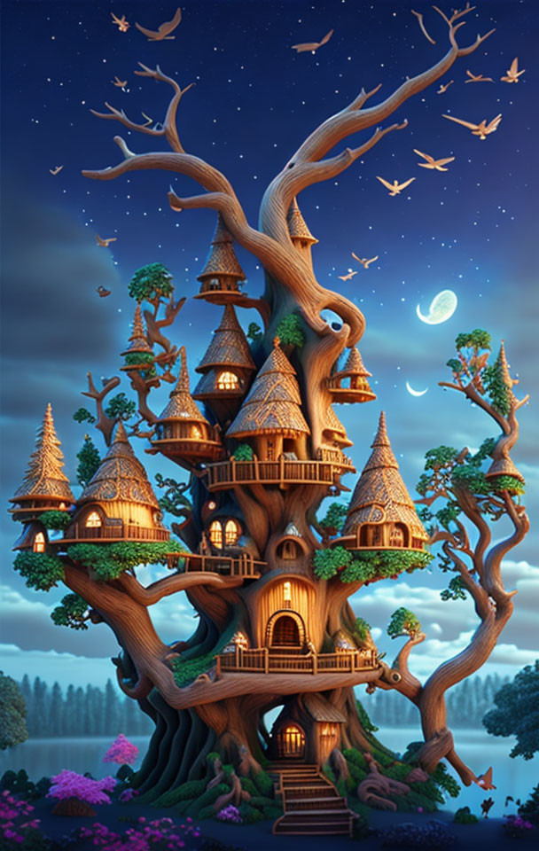 Detailed illustration of elaborate tree houses under crescent moon