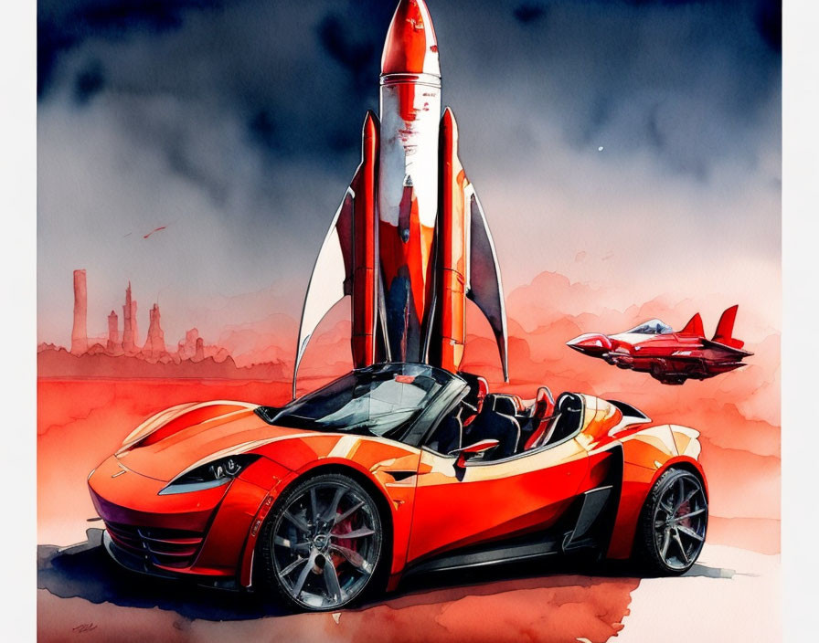 Colorful watercolor art of red sports car, rocket, and jet