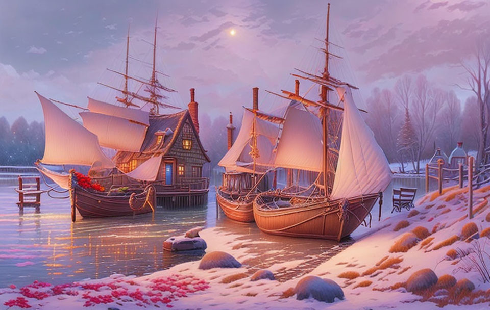 Twilight snow-covered shoreline with sailing ships and cottage