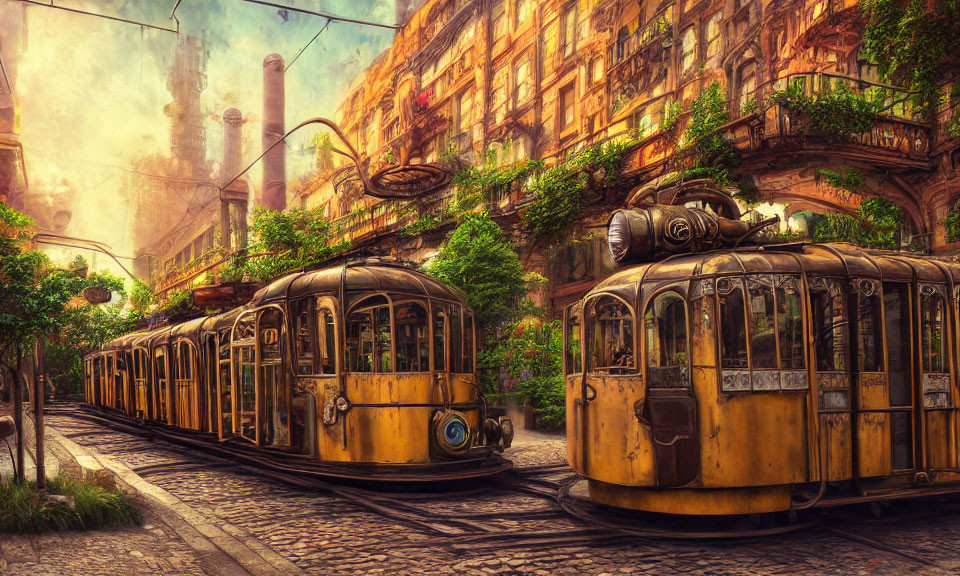 Historic yellow trams on cobblestone street with ornate buildings in warm lighting