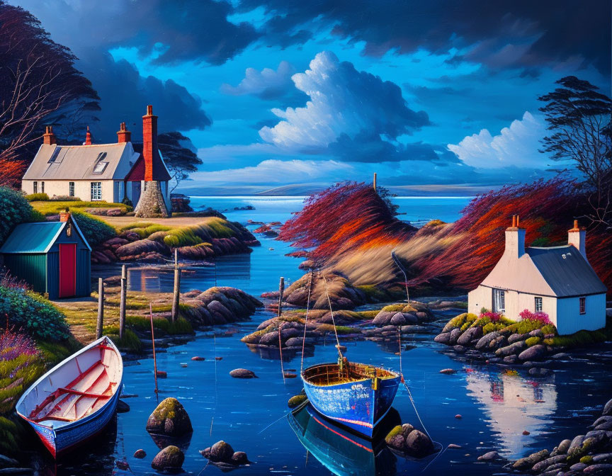 Vibrant Coastal Scene: Rustic Cottages, Moored Boats, Lush Veget