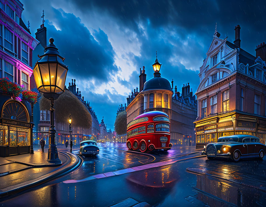 London evening street scene: red double-decker bus, black car, illuminated lamps, rainy twilight sky