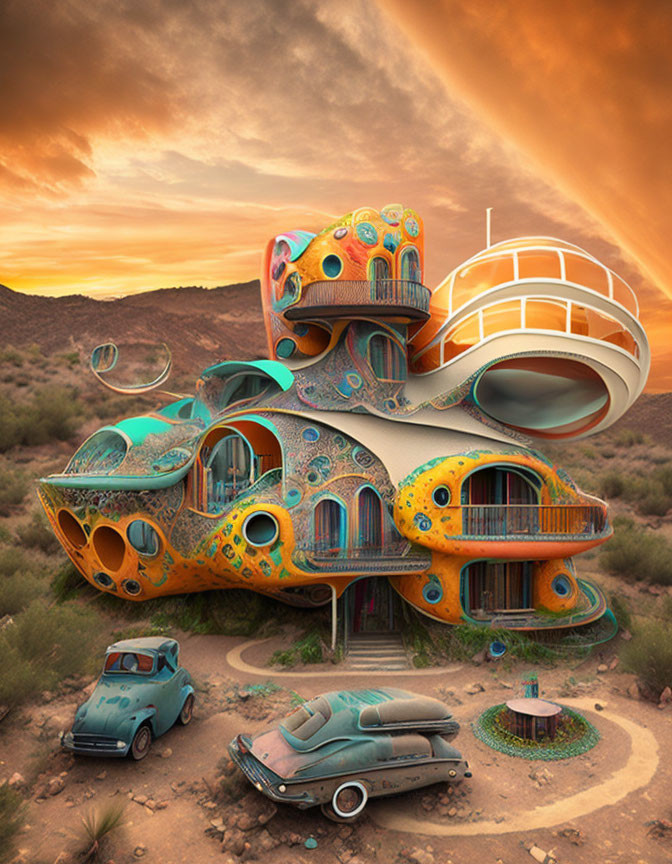 Colorful organic design building in desert with vintage cars under orange sky